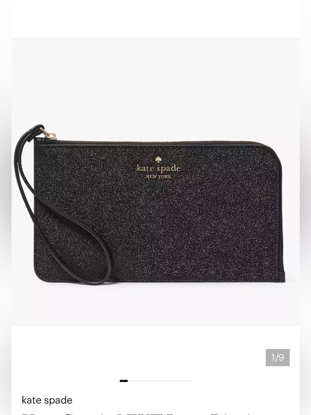 Kate Spade NWT Lucy Black Glitter L Zip Wristlet new with tags